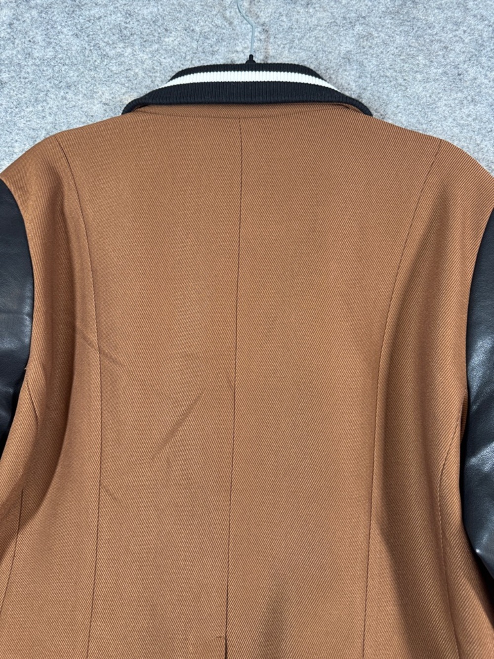FDJ Brown Wool Blend Varsity Jacket Black Faux Leather Sleeves Preppy Chic XL - Picture 14 of 16